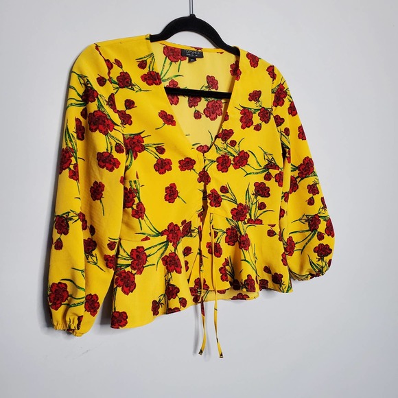 TOPSHOP • Yellow Red Floral Print Short Sleeve Cropped Blouse Sz 4 - Picture 3 of 8